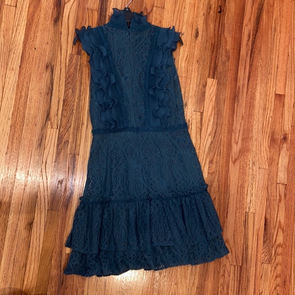 AQUA FOREST GREEN LACE DRESS WITH RUFFLE AND MOCK NECK - Picture 4 of 6